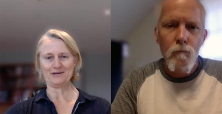 Split-screen video call between two people discussing the future of study abroad.
