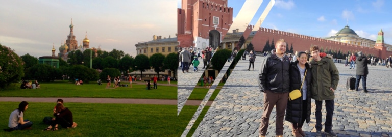 Split image comparing St. Petersburg's Church of the Savior on Spilled Blood park with Moscow's Kremlin wall and tourists.