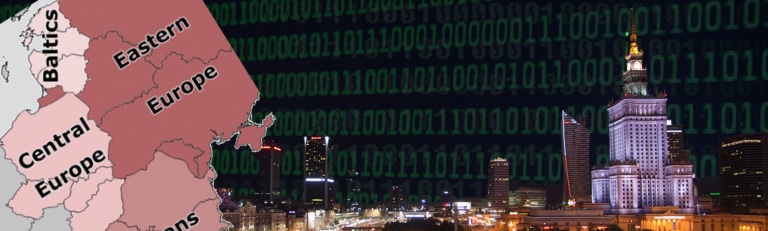 Composite graphic of a Central and Eastern Europe map beside a binary-code overlay and the illuminated Warsaw skyline at night.