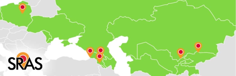 Map showing countries across Central Asia and the Caucasus with map pins and the SRAS logo.