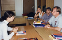 Charles Braver (seated middle) attends a language class at MSU