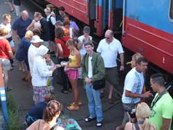 Charles Braver (center) at a stop along the Trans-Siberian.