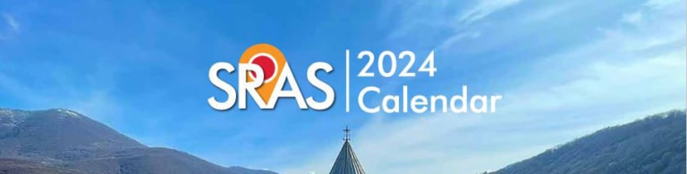 Mountain landscape with text 'SRAS 2024 Calendar'.