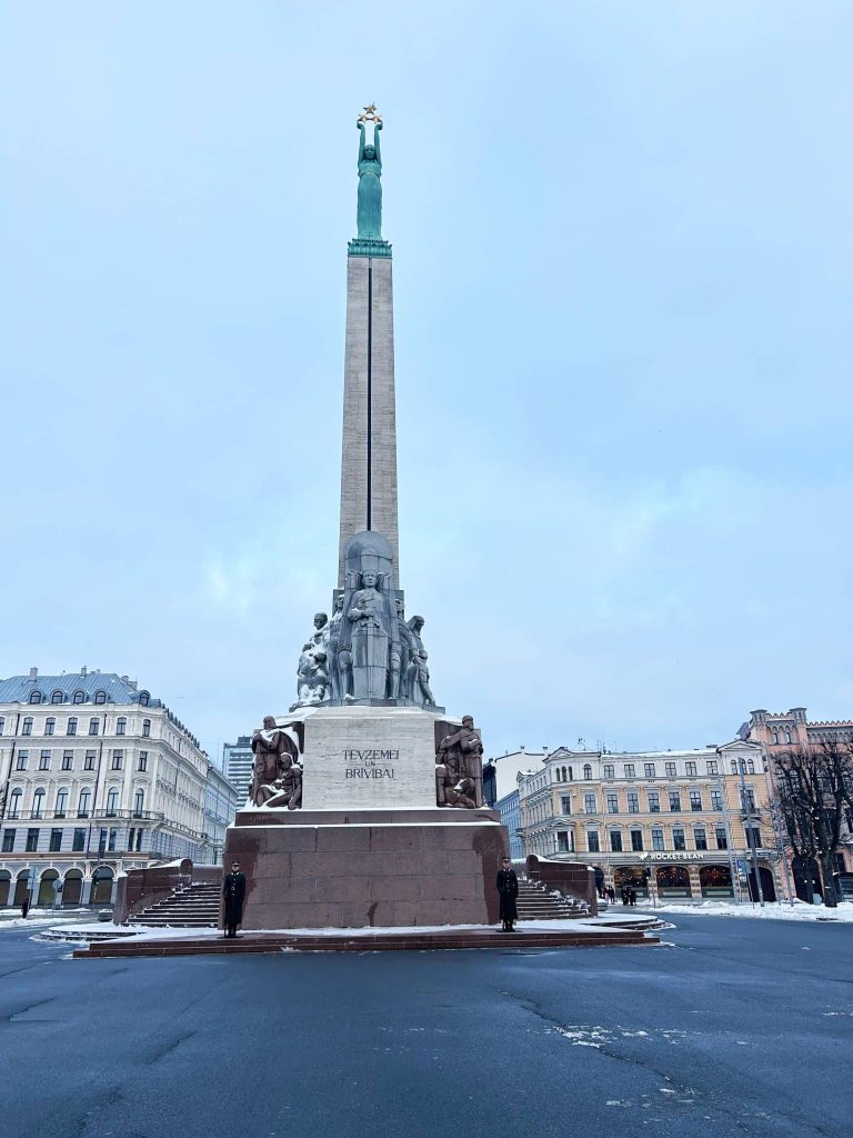 Soldiers guarding the Freedom Monument in Riga, Latvia.
