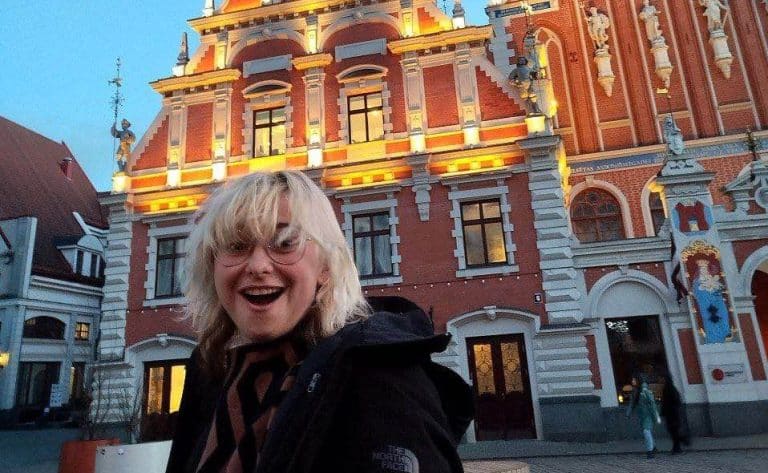 The author in front of the iconic House of the Blackheads in Riga.