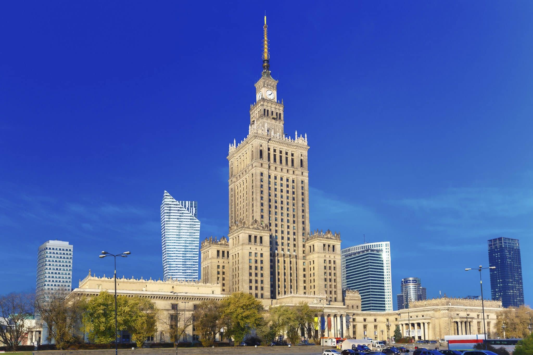 The historic Palace of Culture and Science in modern Warsaw is where SRAS security programs in Poland are based.