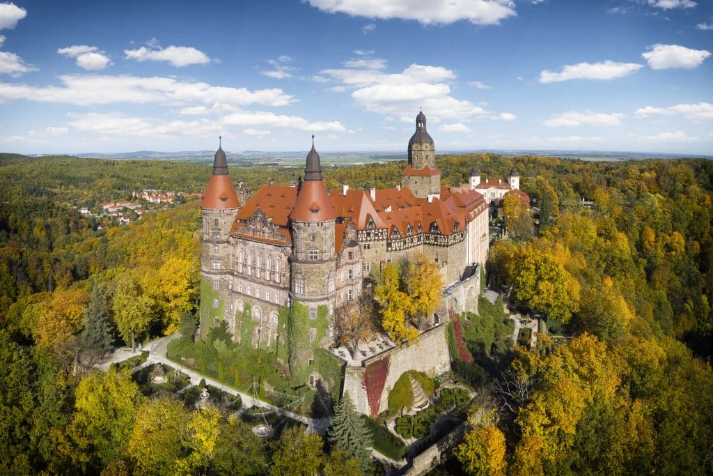 Castle of Ksiaz located in the middle of a forest on the hill in the Walbrzych district, Poland. The present baroque appearance of the castle was rebuilt in the years 1705-1732 made by konrad Ernst Maximilian von Hochberg.