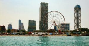 the waterfront skyline of Batumi, Georgia, viewed from the Black Sea