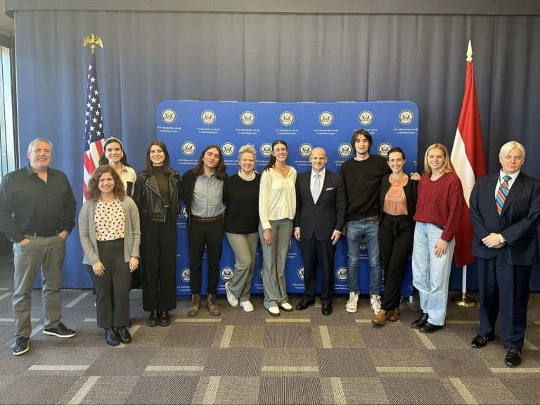Students visit the US embassy in Riga, Latvia.