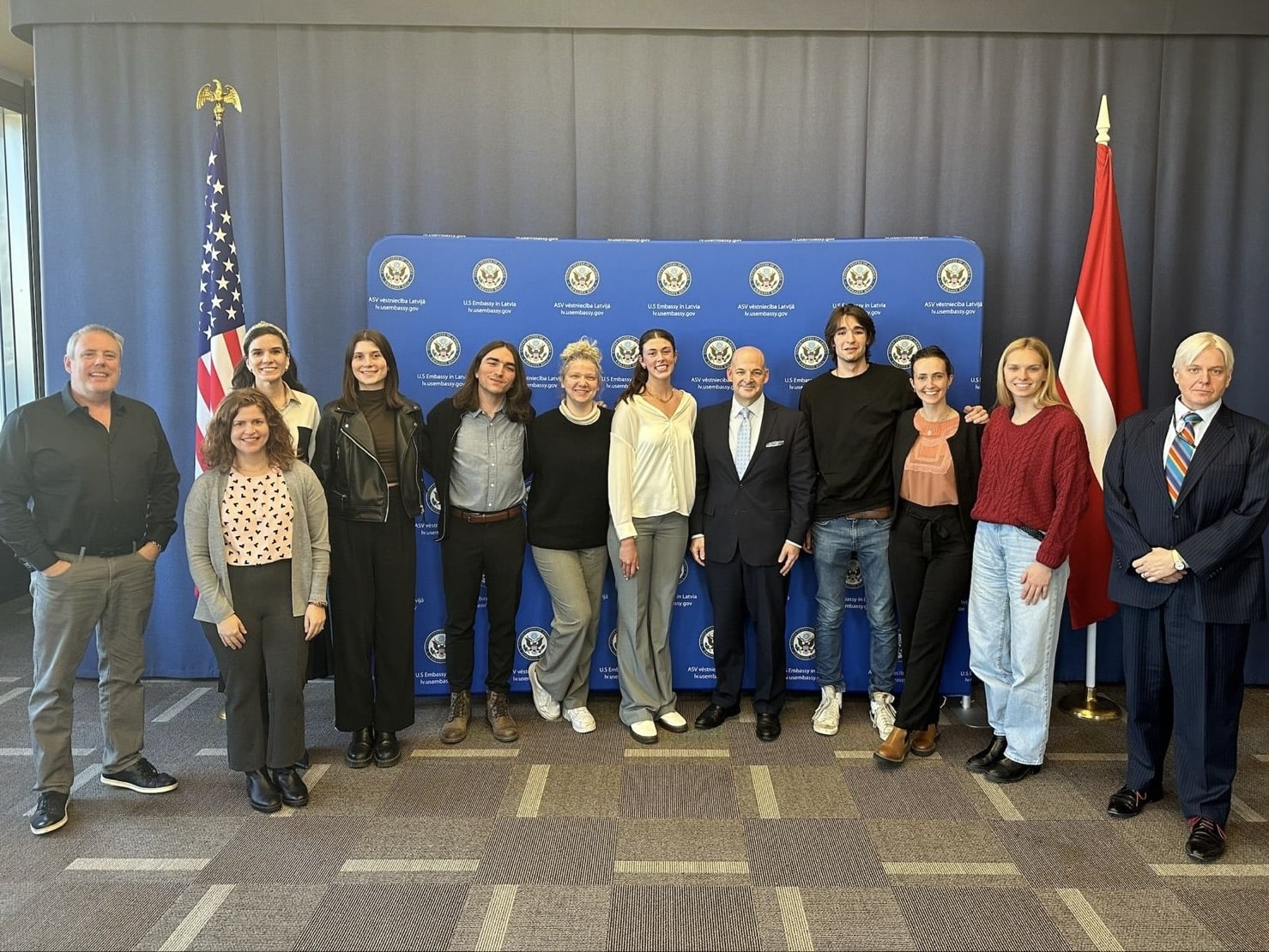 Students visit the US embassy in Riga, Latvia.