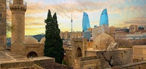 Ancient mosques and modern architecture in Baku, Azerbaijan.