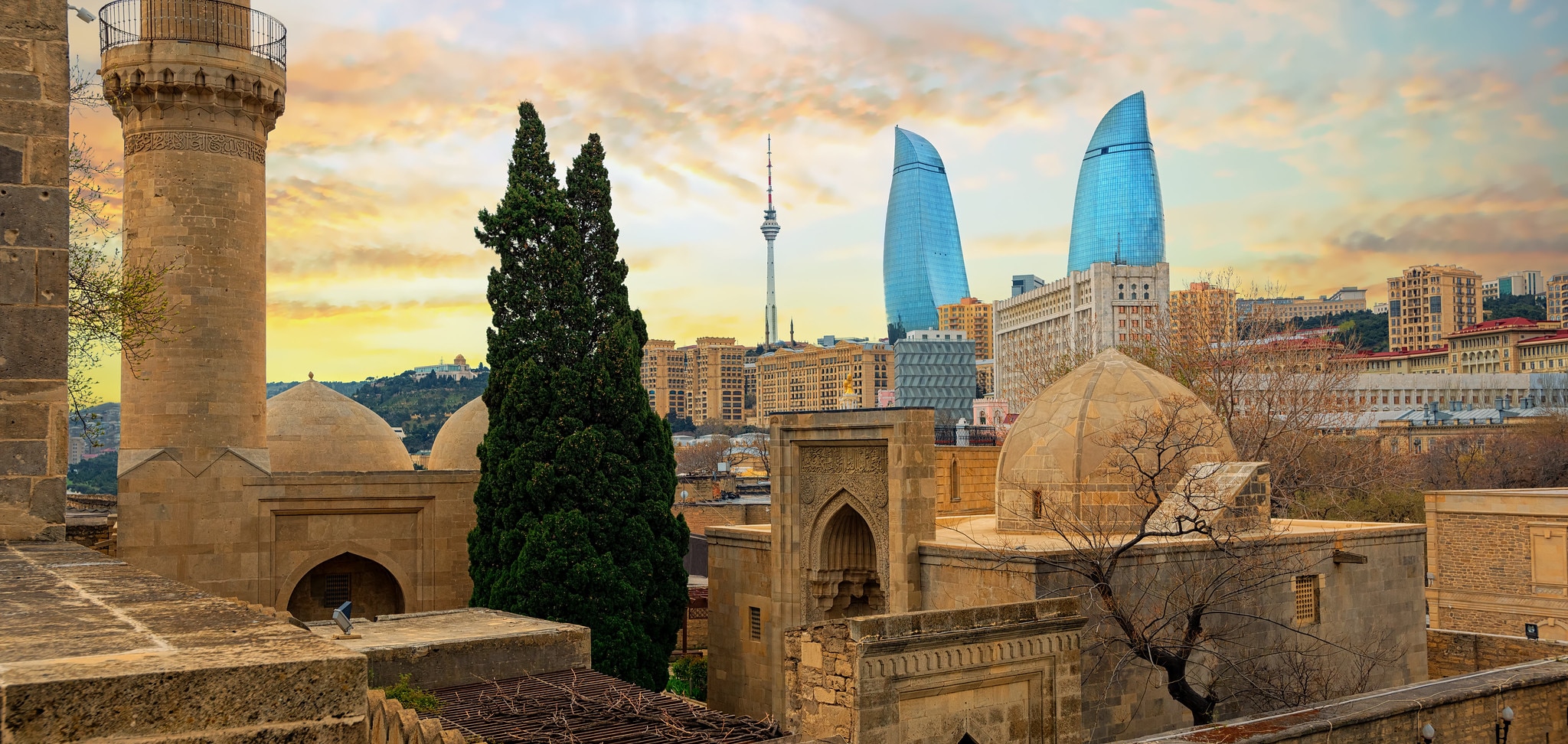 Ancient mosques and modern architecture in Baku, Azerbaijan.