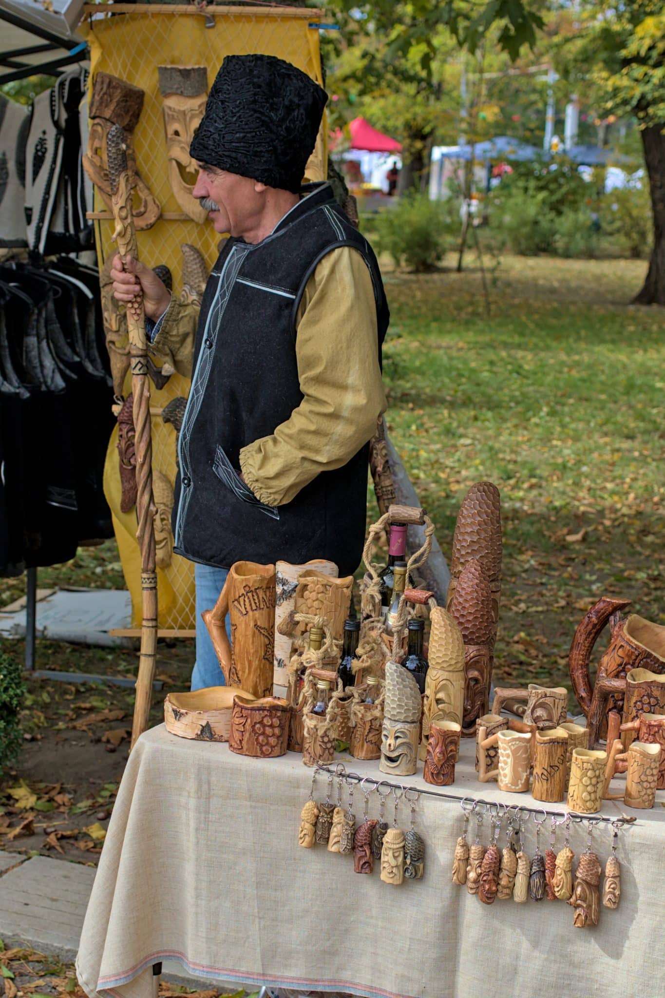 A Moldovan man selling traditional local crafts.