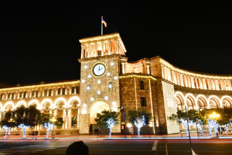 The Republic Square in Yerevan at winter night and with a Christmas tree, Armenia.