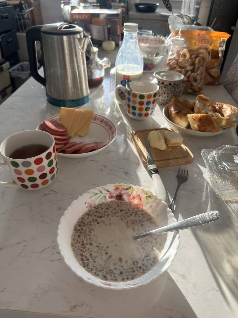 A typical homestay breakfast in Bishkek, Kyrgyzstan.