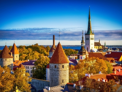 Tallinn Old Town aerial sunrise view in Estonia